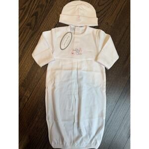 Hug Me First White Pink Stork Pima Cotton Gown Hat Set Baby Girl 0-3 Months NWT